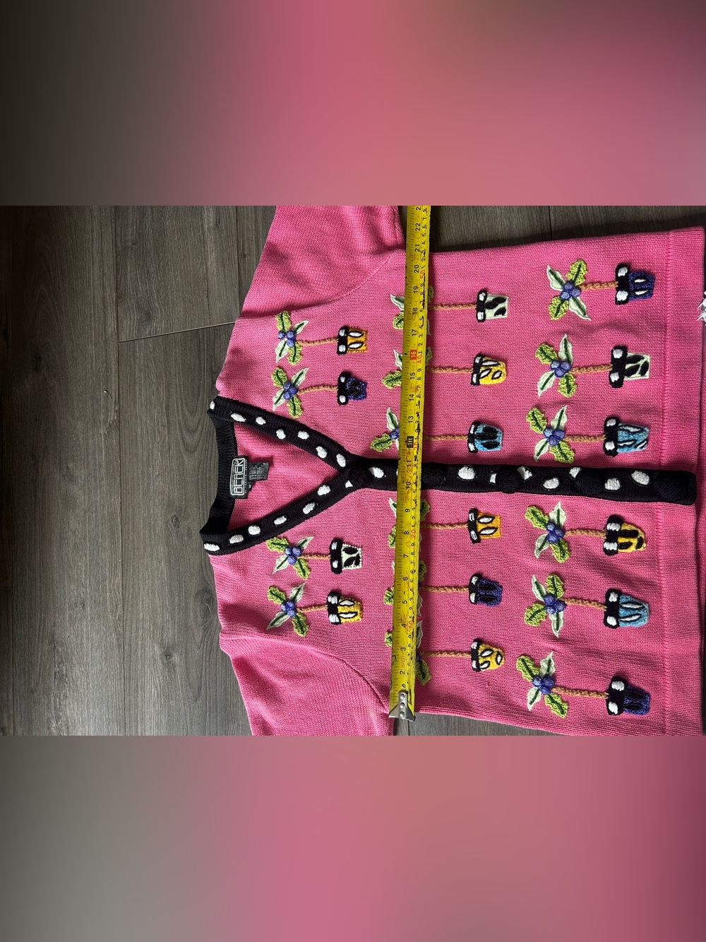 Vintage BEREK Pink Embroidered Potted Plant Cardigan M/L - Picture 6 of 7